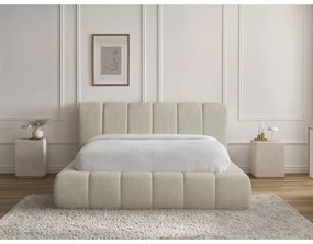 Pat matrimonial bej tapițat cu spațiu de depozitare cu somieră 140x190 cm Denali – Bobochic Paris