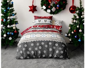 Lenjerie de pat flanel CHRISTMAS DEER rosu + cearceaf microplus SOFT 90x200 cm gri inchis