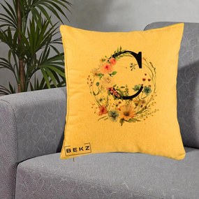 Cadou Personalizat - Perna Personalizata Monogram Litera C cu Flori Acuarela, 40x40 cm, Galben, Husa Detasabila, Perna Inclusa, BEKZ®