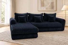 Colțar extensibil Sienna Mini din stofă raiată, negru, colț pe stânga, cu ladă de depozitare