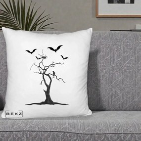 Perna Decorativa Halloween Copac cu Lilieci Alb-Negru, 40x40 cm, Alb Pufos, Husa Detasabila, Perna Inclusa, BEKZ®