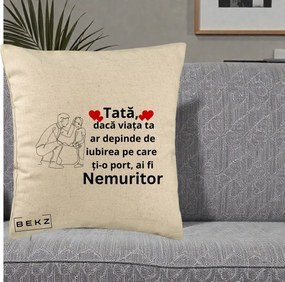 Cadou pentru Tata - Perna Personalizata Tata Nemuritor cu Inimi Rosii, 40x40 cm, Bej, Husa Detasabila, Perna Inclusa, BEKZ®