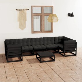 Set mobilier gradina cu perne, 8 piese, negru, lemn masiv pin Negru, 1, Da