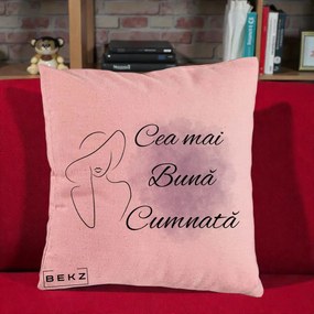 Cadou pentru Cumnata - Perna Personalizata Cea mai Buna Cumnata cu Silueta Dama si Pete Violet, 40x40 cm, Roz, Husa Detasabila, Perna Inclusa, BEKZ®