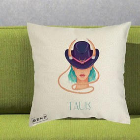 Perna Personalizata Zodie Taur, 40x40 cm, Ecru, Husa Detasabila, Perna Inclusa, BEKZ®