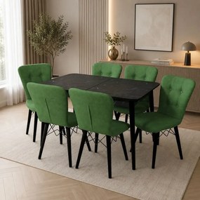 Set masa extensibila cu 6 scaune tapitate Homs cristal negru-verde 170 x 80 cm