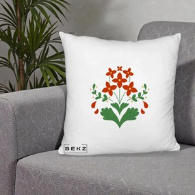 Perna Decorativa Buchet Floral Folk Rosu-Verde, 40x40 cm, Alb Pufos, Husa Detasabila, Perna Inclusa, BEKZ®