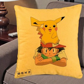 Perna Personalizata Ash si Pikachu, 40x40 cm, Galben, Husa Detasabila, Perna Inclusa, BEKZ®
