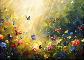 Tablou pe sticlă - Pajiște cu flori de primăvară, pictură (70x50 cm)
