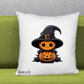 Perna Decorativa Halloween Dovleac Vrajitor Kawaii, 40x40 cm, Alb Pufos, Husa Detasabila, Perna Inclusa, BEKZ®