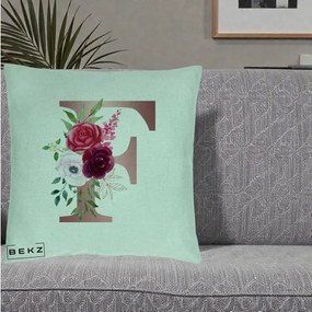 Cadou Personalizat - Perna Personalizata Monograma Rose Gold Litera F, 40x40 cm, Verde Menta, Husa Detasabila, Perna Inclusa, BEKZ®
