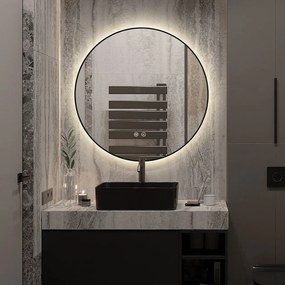 🪞 Oglindă LED cu Touch, Funcție Dezaburire și 3 Tipuri de Lumină – Model J188-60 Smack, Ø60 cm, Ramă Negru Mat
