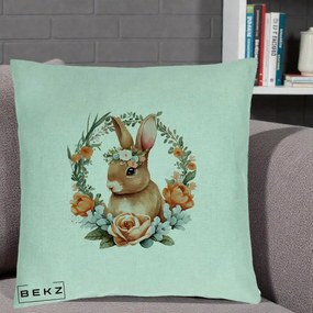 Perna Decorativa Iepuras Floral Coronita Acuarela, 40x40 cm, Verde Menta, Husa Detasabila, Perna Inclusa, BEKZ®