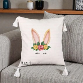 Perna Decorativa Iepuras Flori Urechi Pastelui, 40x40 cm, Bej cu Franjuri, Husa Detasabila, Perna Inclusa, BEKZ®