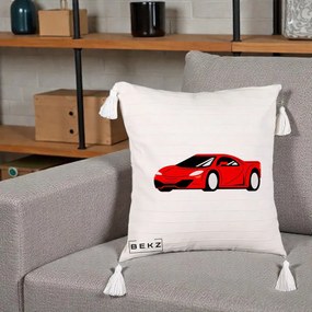 Perna Personalizata Masina Sport Rosie Grafic, 40x40 cm, Bej cu Franjuri, Husa Detasabila, Perna Inclusa, BEKZ®