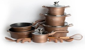 Set oale si tigai cu capace 17 piese Royaly Line ES 2014M, maro, antiaderente, marmorate, inductie, manere detasabile