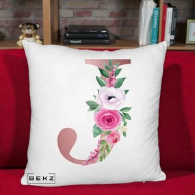 Cadou Personalizat - Perna Personalizata Monograma Rose Gold Litera J, 40x40 cm, Alb Pufos, Husa Detasabila, Perna Inclusa, BEKZ®