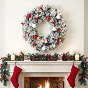 HOMCOM Coroniță de Crăciun Înzăpezită, 60 cm, cu Lumini LED, 8 Moduri, 140 Ramuri, 8 Fructe Roșii și 15 Globuri Decorative, Verde | Aosom Romania