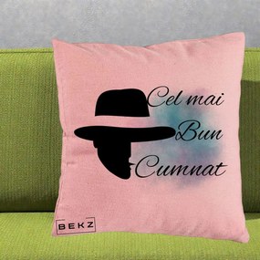 Cadou pentru Cumnat - Perna Personalizata Cel mai Bun Cumnat cu Silueta Palarie si Pete Teal-Roz, 40x40 cm, Roz, Husa Detasabila, Perna Inclusa, BEKZ®