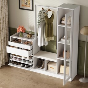 Combinație 6-în-1 pentru intrare cu iluminare LED, set cuier, masă de toaletă, bancă pentru pantofi, dulap rabatabil pentru pantofi și vitrină din sticlă, 163x35x161 cm, Alb