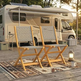 Outsunny Set de 2 Scaune de Grădină din Ratan PE, Scaune Pliabile de Exterior, Structură din Lemn de Salcâm, pentru Balcon, Terasă, Suport până la 160 kg, Gri | Aosom Romania