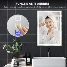 HOMCOM Oglindă Baie Antiaburire cu Lumină LED și Difuzor Bluetooth 50x70 cm | Aosom Romania