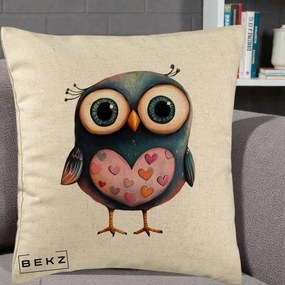 Perna Decorativa Bufnita cu Inimioare Roz, 40x40 cm, Bej, Husa Detasabila, Perna Inclusa, BEKZ®