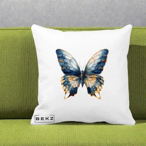 Perna Decorativa Fluture Albastru Auriu Elegant, 40x40 cm, Alba Mata, Husa Detasabila, Perna Inclusa, BEKZ®