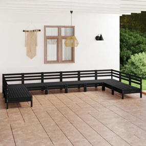 3083428 vidaXL Set mobilier relexare grădină, 10 piese, negru, lemn masiv pin