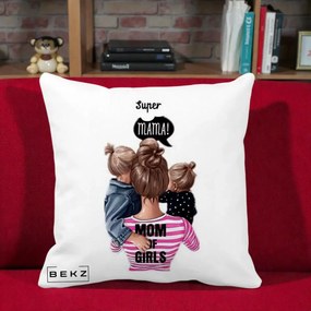 Cadou pentru Mama - Perna Personalizata Super Mama Mom of Girls, 40x40 cm, Alba Mata, Husa Detasabila, Perna Inclusa, BEKZ®