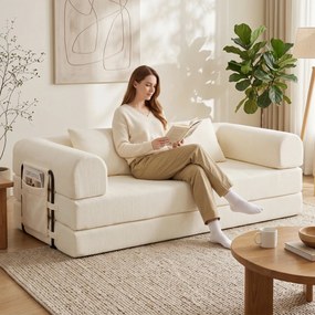 HOMCOM Canapea extensibilă 3 locuri 5 în 1, pliabilă, cu 2 perne din chenille, umplutură groasă, fără montaj, alb | Aosom Romania