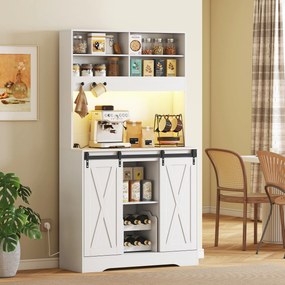 HOMCOM Servantă de Bucătărie Rustică 180 cm, Dulap cu Priză de Alimentare, Lumini LED, Suport pentru Sticle, Suprafață pentru Cuptor cu Microunde, Rafturi Deschise, Uși Glisante, Orificiu pentru Cabluri, Alb | Aosom Romania