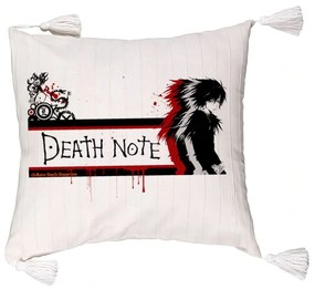 Perna Decorativa cu Franjuri cu Death note 3, 45x45 cm, Ecru, Cu fermoar