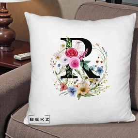 Cadou Personalizat - Perna Personalizata Monogram Litera R cu Flori Acuarela, 40x40 cm, Alb Pufos, Husa Detasabila, Perna Inclusa, BEKZ®