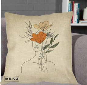 Perna Decorativa Portret Feminin Coroana Florala, 40x40 cm, Crem, Husa Detasabila, Perna Inclusa, BEKZ®