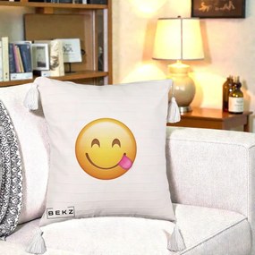 Perna Decorativa Emoji Limba Scoasa, 40x40 cm, Bej cu Franjuri, Husa Detasabila, Perna Inclusa, BEKZ®