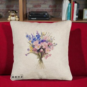 Perna Decorativa Buchet Floral Acuarela Primavara, 40x40 cm, Bej Canapea, Husa Detasabila, Perna Inclusa, BEKZ®