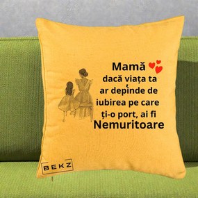 Cadou pentru Mama - Perna Personalizata Mama Nemuritoare Line Art, 40x40 cm, Galben, Husa Detasabila, Perna Inclusa, BEKZ®