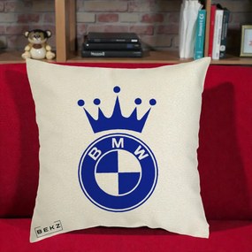 Perna Personalizata cu emblema BMW si Coroana, 40x40 cm, Ecru, Husa Detasabila, Perna Inclusa, BEKZ®