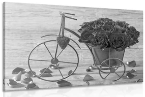Tablou bicicletă plină de trandafiri în design alb-negru