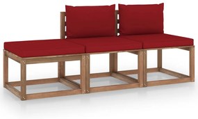 Set mobilier gradina paleti cu perne, 3 piese, lemn pin tratat Bordo, 2x mijloc + suport pentru picioare, 1