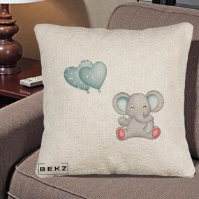 Perna Decorativa Canapea, Model Elefant si baloane in forma de inimioare, 40x40 cm, Bej Canapea, Husa Detasabila, Perna Inclusa, BEKZ®