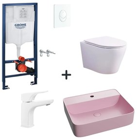 Set vas wc rimless cu capac soft close, lavoar baie roz mat, baterie si rezervor wc Rapid SL cu clapeta alba