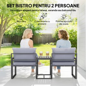 Outsunny Set Bistro Grădină 3 Piese pentru 2 Persoane, Masă și Scaune Exterior cu Șezut Textilen și Perne, Gri | Aosom Romania