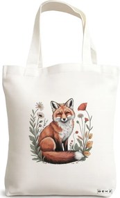 Sacosa de Panza pentru Cumparaturi, Geanta Tote, model Foxy and flowers 3 38 x 34.5 cm, Alba, BEKZ®