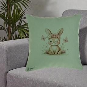 Perna Decorativa Iepuras cu Coronita Florala Roz, 40x40 cm, Verde, Husa Detasabila, Perna Inclusa, BEKZ®