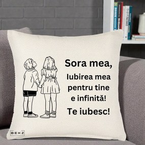 Cadou pentru Sora - Perna Personalizata Sora Mea Te Iubesc Copii Tinand Maini Line Art, 40x40 cm, Crem Reliefat, Husa Detasabila, Perna Inclusa, BEKZ®