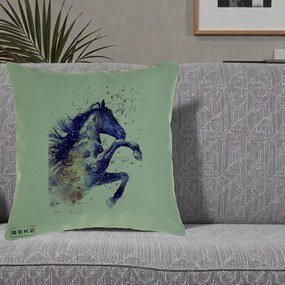 Perna Decorativa Cal Albastru Acuarela, 40x40 cm, Verde, Husa Detasabila, Perna Inclusa, BEKZ®