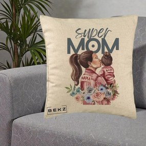 Cadou pentru Mama - Perna Personalizata Super Mom Mama cu Bebelusul, 40x40 cm, Bej, Husa Detasabila, Perna Inclusa, BEKZ®