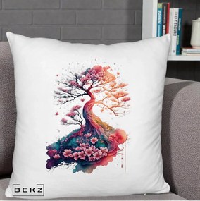 Perna Decorativa Copac Sakura Acuarela Fantasy, 40x40 cm, Alb Pufos, Husa Detasabila, Perna Inclusa, BEKZ®